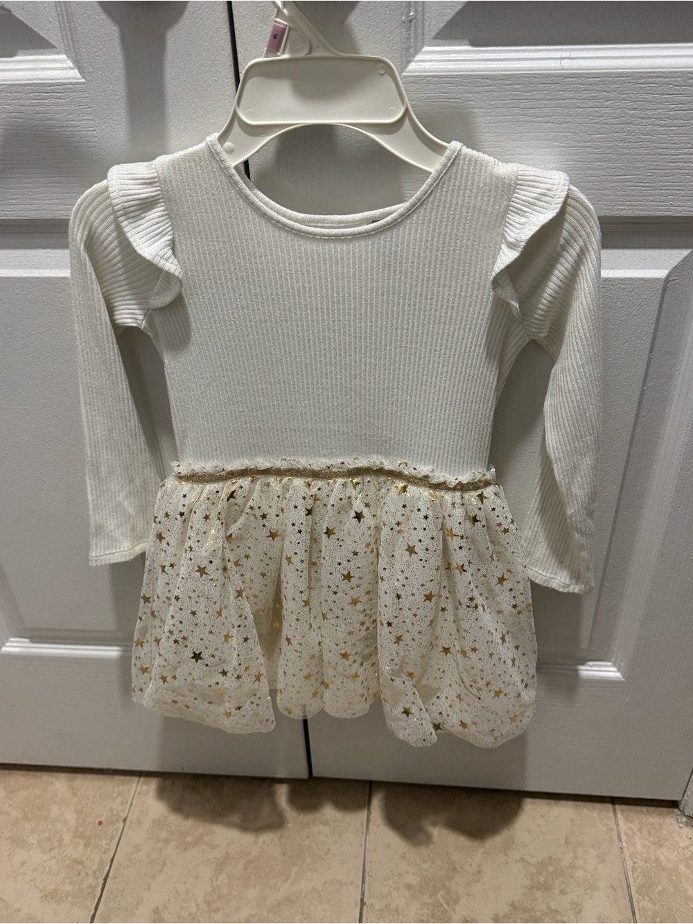 The Children's Place White Long-Sleeve Dress with Gold Star Tulle Skirt